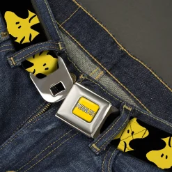 PEANUTS Title Logo Full Color Yellow/White Seatbelt Belt - Peanuts Woodstock Face Flip Black/Yellow Webbing