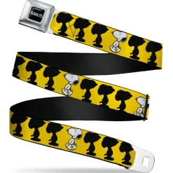 PEANUTS Title Logo Full Color Black/White Seatbelt Belt - Peanuts Snoopy Walking/Silhouette Pose Yellow/Black/White Webbing