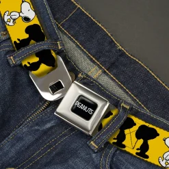 PEANUTS Title Logo Full Color Black/White Seatbelt Belt - Peanuts Snoopy Walking/Silhouette Pose Yellow/Black/White Webbing