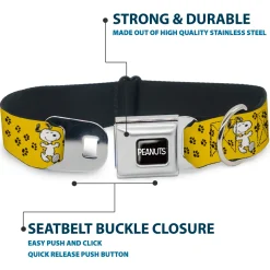 PEANUTS Title Logo Full Color Black/White Seatbelt Buckle Collar - Peanuts Snoopy Smiling Pose/Paw Print Yellow/Black/White