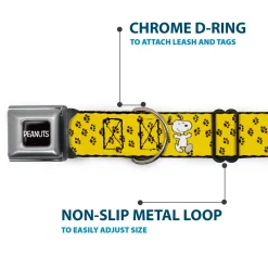 PEANUTS Title Logo Full Color Black/White Seatbelt Buckle Collar - Peanuts Snoopy Smiling Pose/Paw Print Yellow/Black/White