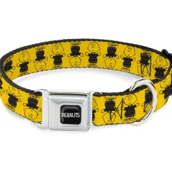 PEANUTS Title Logo Full Color Black/White Seatbelt Buckle Collar - Peanuts Charlie Brown Pose Flip Yellow/Black