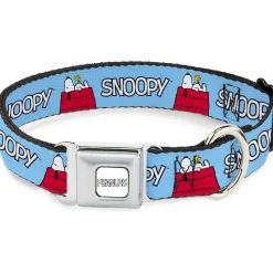 PEANUTS Title Logo Full Color Gray/White Seatbelt Buckle Collar - Peanuts Snoopy and Woodstock Dog House Pose and Text Sky Blue