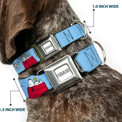 PEANUTS Title Logo Full Color Gray/White Seatbelt Buckle Collar - Peanuts Snoopy and Woodstock Dog House Pose and Text Sky Blue