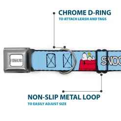 PEANUTS Title Logo Full Color Gray/White Seatbelt Buckle Collar - Peanuts Snoopy and Woodstock Dog House Pose and Text Sky Blue