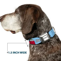 PEANUTS Title Logo Full Color Gray/White Seatbelt Buckle Collar - Peanuts Snoopy and Woodstock Dog House Pose and Text Sky Blue