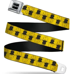 PEANUTS Title Logo Full Color Black/White Seatbelt Belt - Peanuts Charlie Brown Pose Flip Yellow/Black Webbing