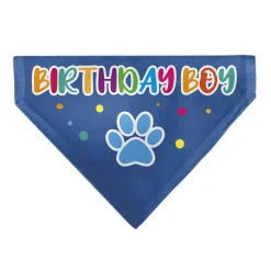 Pet Bandana - BIRTHDAY BOY Text Paw and Confetti Blue/Multi Color