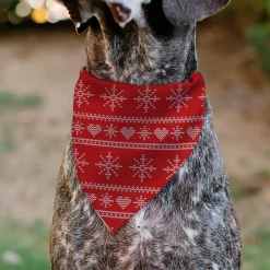 Pet Bandana - Holiday Sweater Stitch Hearts and Snowflakes Red/White