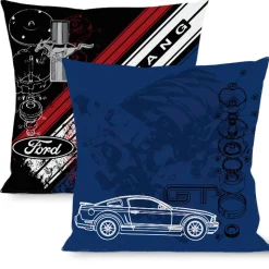 Pillow - THROW - Mustang GT Blueprint Blue White + Mustang Tri-Bar Logo Diagonal Stripe Blueprint Black Red White Blue