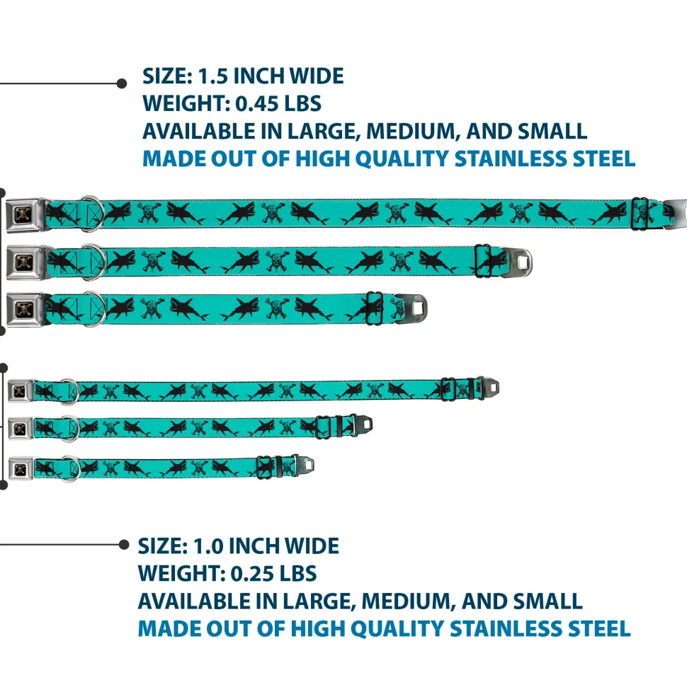 Pirates of The Caribbean Dead Men Tell No Tales Skull Icon Full Color Black Seatbelt Buckle Collar - Pirates Skull & Crossbones/Sharks Turquoise/Black