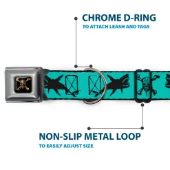 Pirates of The Caribbean Dead Men Tell No Tales Skull Icon Full Color Black Seatbelt Buckle Collar - Pirates Skull & Crossbones/Sharks Turquoise/Black