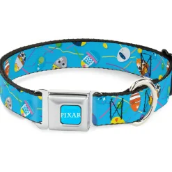 PIXAR Title Logo Full Color Blue/White Seatbelt Buckle Collar - Pixar Holiday Collection Easter Egg Characters Scattered Blue