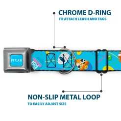 PIXAR Title Logo Full Color Blue/White Seatbelt Buckle Collar - Pixar Holiday Collection Easter Egg Characters Scattered Blue