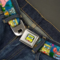 Pixelated SpongeBob Nerd Pose Full Color Blue Seatbelt Belt - SpongeBob & Friends 8-Bit Scene Webbing