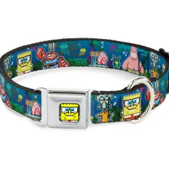 Pixelated SpongeBob Nerd Pose Full Color Blue Seatbelt Buckle Collar - SpongeBob & Friends 8-Bit Scene