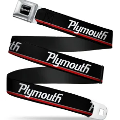PLYMOUTH Text Logo Full Color Black White Seatbelt Belt - PLYMOUTH Text/Stripe Black/White/Gray/Red Webbing