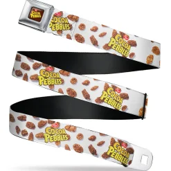 POST COCOA PEBBLES Logo Full Color Brown/Yellows Seatbelt Belt - POST COCOA PEBBLES Logo and Cereal Pebbles Scattered White/Browns Webbing