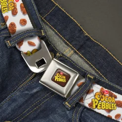 POST COCOA PEBBLES Logo Full Color Brown/Yellows Seatbelt Belt - POST COCOA PEBBLES Logo and Cereal Pebbles Scattered White/Browns Webbing