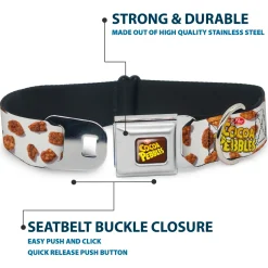 POST COCOA PEBBLES Logo Full Color Brown/Yellows Seatbelt Buckle Collar - POST COCOA PEBBLES Logo and Cereal Pebbles Scattered White/Browns