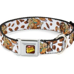 POST COCOA PEBBLES Logo Full Color Brown/Yellows Seatbelt Buckle Collar - Cocoa Pebbles Fred Flintstone and Barney Rubble Hugging Pose and Cereal Pebbles Scattered White/Browns