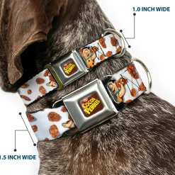 POST COCOA PEBBLES Logo Full Color Brown/Yellows Seatbelt Buckle Collar - Cocoa Pebbles Fred Flintstone and Barney Rubble Hugging Pose and Cereal Pebbles Scattered White/Browns