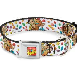 POST FRUITY PEBBLES Logo Full Color Red/Multi Color Seatbelt Buckle Collar - Fruity Pebbles Fred Flintstone and Barney Rubble Hugging Pose and Cereal Pebbles Scattered White/Multi Color
