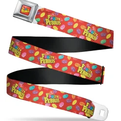 POST FRUITY PEBBLES Logo Full Color Red/Multi Color Seatbelt Belt - POST FRUITY PEBBLES Logo and Cereal Pebbles Scattered Red/Multi Color Webbing