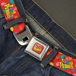POST FRUITY PEBBLES Logo Full Color Red/Multi Color Seatbelt Belt - POST FRUITY PEBBLES Logo and Cereal Pebbles Scattered Red/Multi Color Webbing