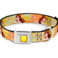 Princess Gem CLOSE-UP Full Color Yellow Seatbelt Buckle Collar - Belle Poses/Enchanted Rose/Story Script Yellow/Pinks
