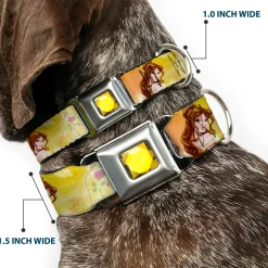 Princess Gem CLOSE-UP Full Color Yellow Seatbelt Buckle Collar - Belle Poses/Enchanted Rose/Story Script Yellow/Pinks