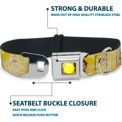 Princess Gem CLOSE-UP Full Color Yellow Seatbelt Buckle Collar - Belle Poses/Enchanted Rose/Story Script Yellow/Pinks