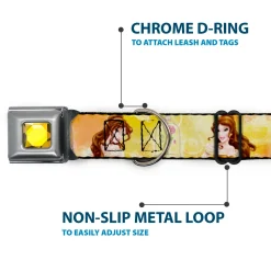 Princess Gem CLOSE-UP Full Color Yellow Seatbelt Buckle Collar - Belle Poses/Enchanted Rose/Story Script Yellow/Pinks