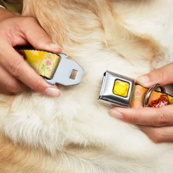 Princess Gem CLOSE-UP Full Color Yellow Seatbelt Buckle Collar - Belle Poses/Enchanted Rose/Story Script Yellow/Pinks