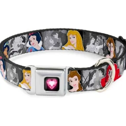 Princess Gem Heart Full Color Black/Pink Seatbelt Buckle Collar - Princess Pose/Princess & Prince Scene Grays/Multi Color