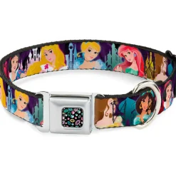 Princess Jewels Full Color Black Multi Color Seatbelt Buckle Collar - Disney Princess Poses/Castle Silhouettes Purples/Multi Color