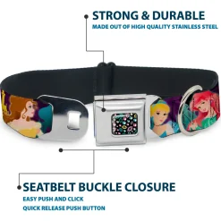 Princess Jewels Full Color Black Multi Color Seatbelt Buckle Collar - Disney Princess Poses/Castle Silhouettes Purples/Multi Color