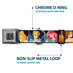 Princess Jewels Full Color Black Multi Color Seatbelt Buckle Collar - Disney Princess Poses/Castle Silhouettes Purples/Multi Color