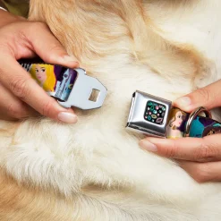 Princess Jewels Full Color Black Multi Color Seatbelt Buckle Collar - Disney Princess Poses/Castle Silhouettes Purples/Multi Color