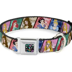 Princess Jewels Full Color Black/Multi Color Seatbelt Buckle Collar - Disney Princess Poses/Castle Blocks