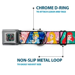 Princess Jewels Full Color Black/Multi Color Seatbelt Buckle Collar - Disney Princess Poses/Castle Blocks