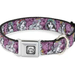 Princess Rose Full Color Grays/White/Black Seatbelt Buckle Collar - Princess Sketch Poses/Floral Collage Pinks/Grays