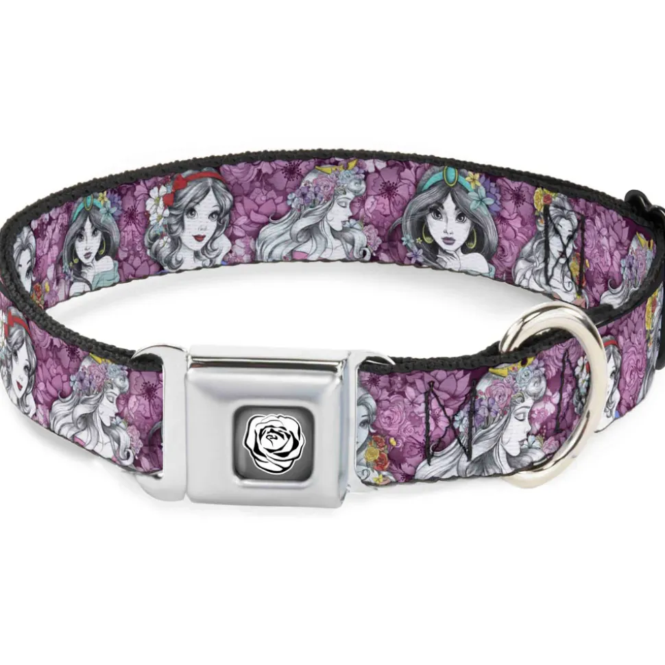 Princess Rose Full Color Grays/White/Black Seatbelt Buckle Collar - Princess Sketch Poses/Floral Collage Pinks/Grays