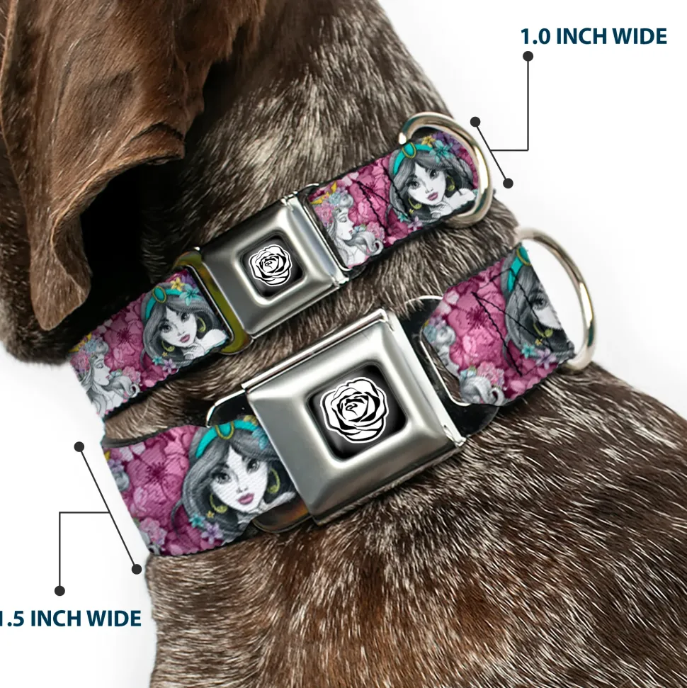 Princess Rose Full Color Grays/White/Black Seatbelt Buckle Collar - Princess Sketch Poses/Floral Collage Pinks/Grays