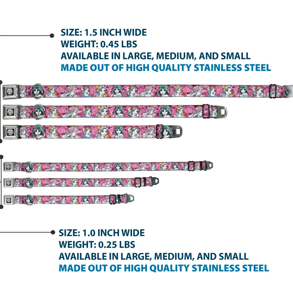 Princess Rose Full Color Grays/White/Black Seatbelt Buckle Collar - Princess Sketch Poses/Floral Collage Pinks/Grays