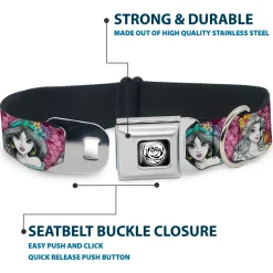 Princess Rose Full Color Grays/White/Black Seatbelt Buckle Collar - Princess Sketch Poses/Floral Collage Pinks/Grays
