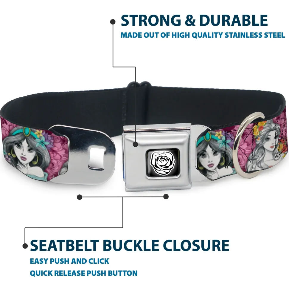 Princess Rose Full Color Grays/White/Black Seatbelt Buckle Collar - Princess Sketch Poses/Floral Collage Pinks/Grays