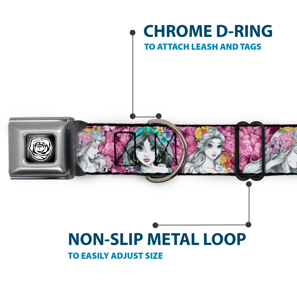 Princess Rose Full Color Grays/White/Black Seatbelt Buckle Collar - Princess Sketch Poses/Floral Collage Pinks/Grays