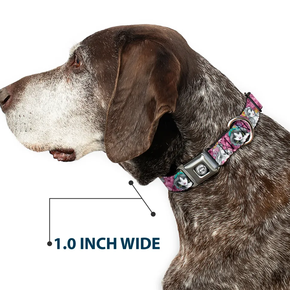 Princess Rose Full Color Grays/White/Black Seatbelt Buckle Collar - Princess Sketch Poses/Floral Collage Pinks/Grays