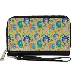 PU Zip Around Wallet Rectangle - Rick and Morty Smith Family Faces and Cells Collage Yellow